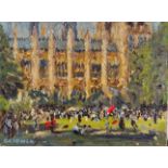 KEITH GARDNER RCA, OIL ON BOARD, 'VICTORIA TOWER GARDENS', APPROX 15 x 20cm