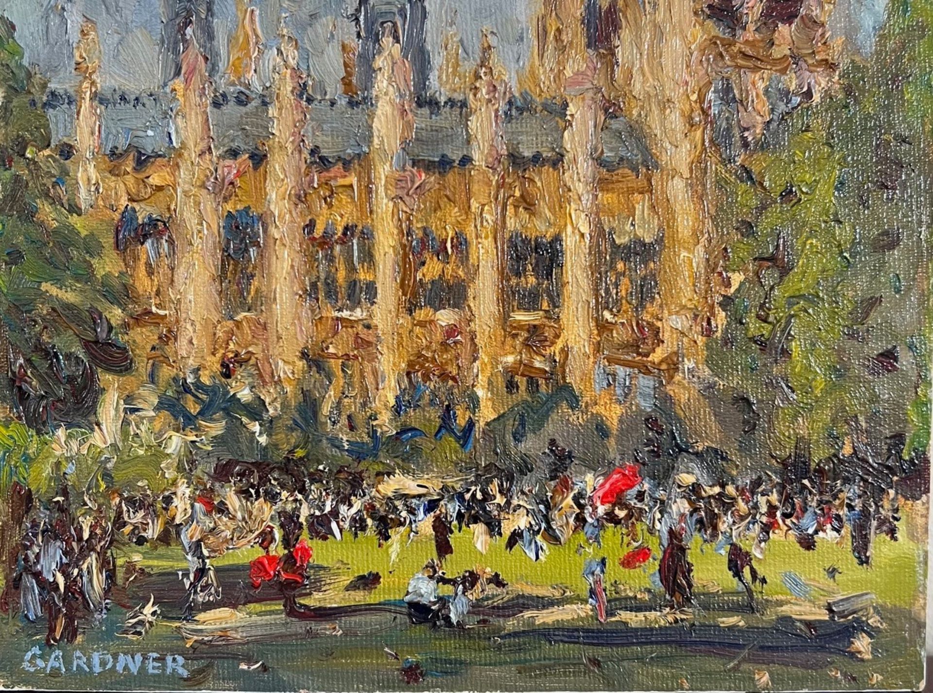 KEITH GARDNER RCA, OIL ON BOARD, 'VICTORIA TOWER GARDENS', APPROX 15 x 20cm