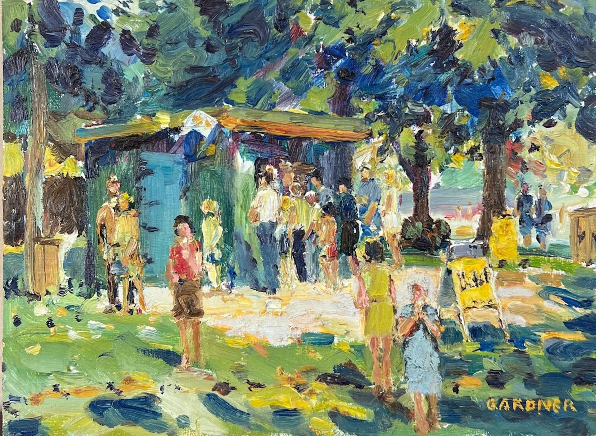 KEITH GARDNER RCA, BORN 1933, OIL ON BOARD, ICE CREAM KIOSK BIRKENHEAD PARK, OIL ON BOARD, APPROX 22