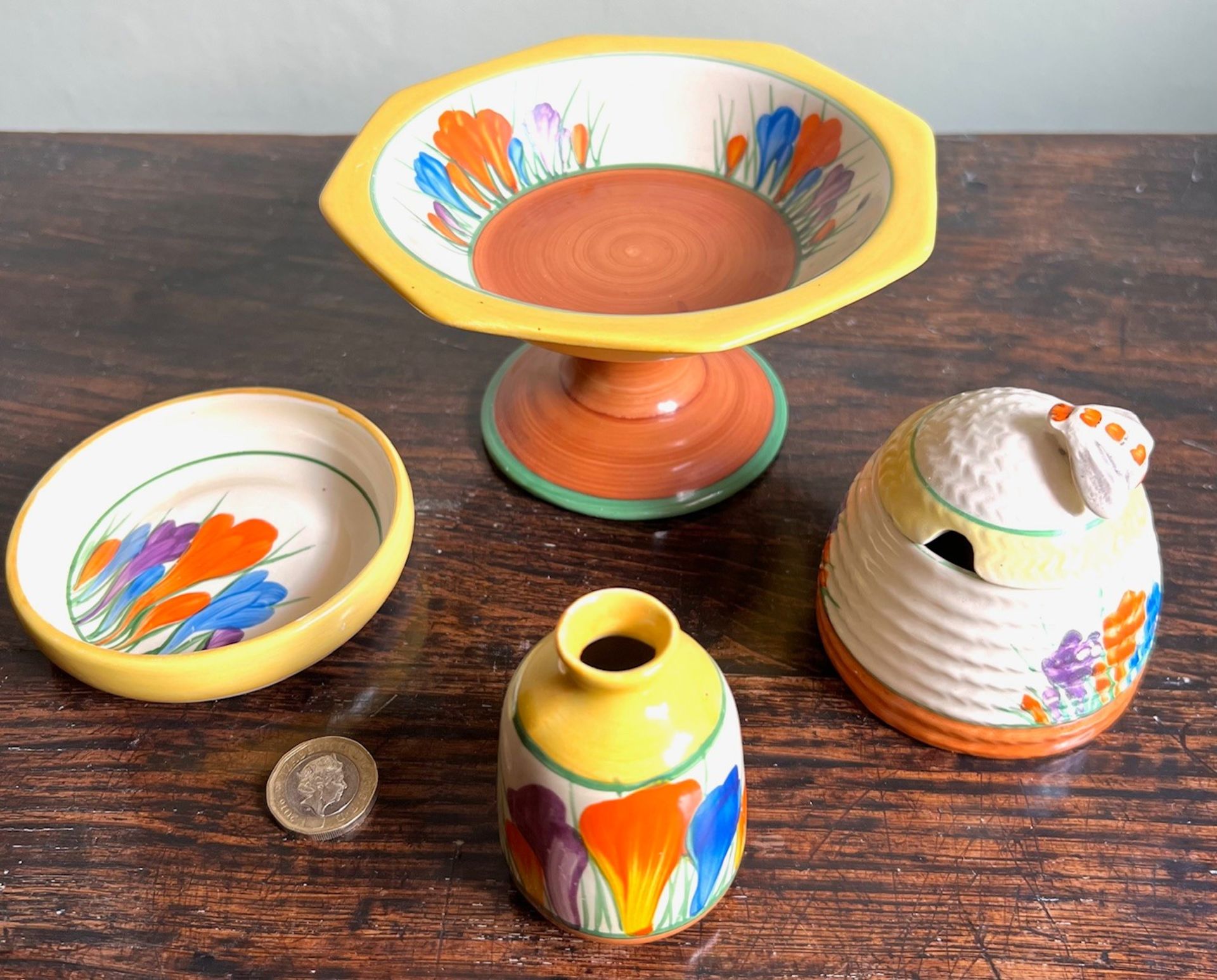 THREE PIECES OF CLARICE CLIFF CROCUS PATTERN AND SMALL NEWPORT POTTERY VASE