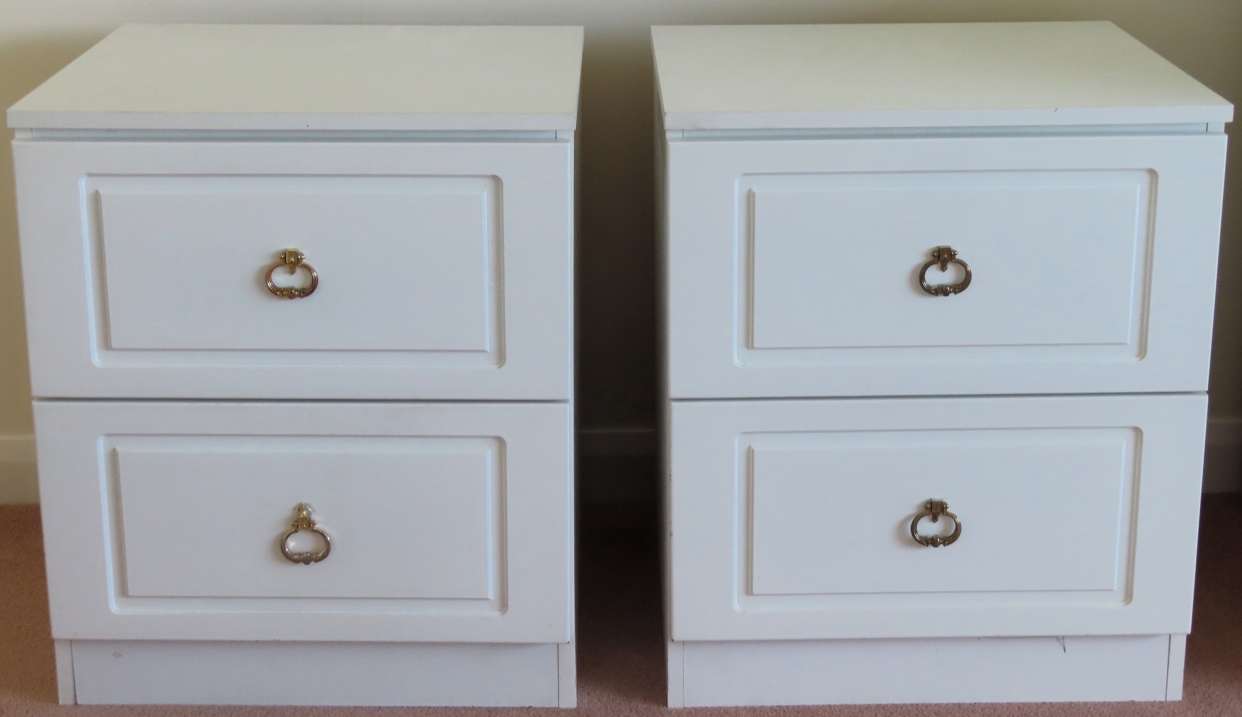 Pair of 20th century melamine two drawer bedside chest. Approx. 59 x 50 x 47cms reasonable used