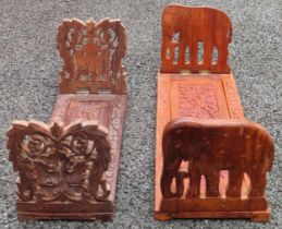 Two sets of carved wooden book racks Both appear in reasonable used condition, scuffs and scratches