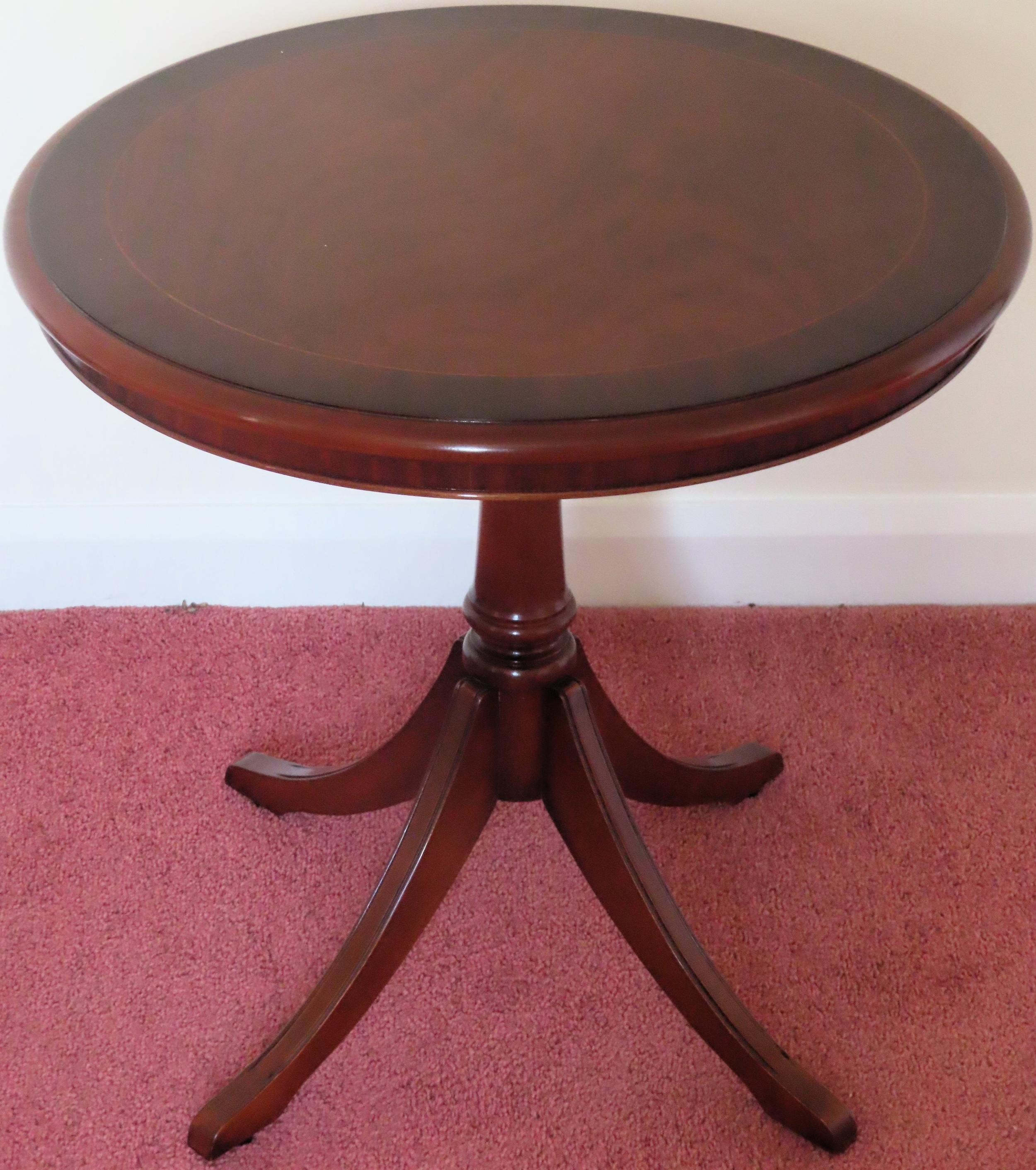 20th century mahogany inlaid circular side table on quad supports. Approx. 53 x 56cms reasonable