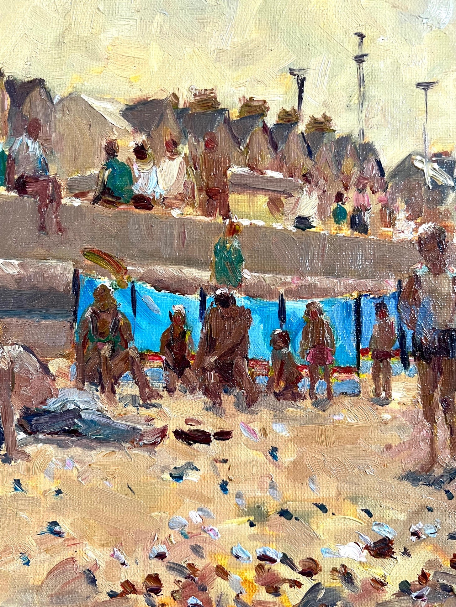 KEITH GARDNER RCA, OIL ON BOARD, 'RHYL BEACH, PROMENADE BUILDINGS AND BLUE WINDBREAKS', APPROX 22 - Image 2 of 3