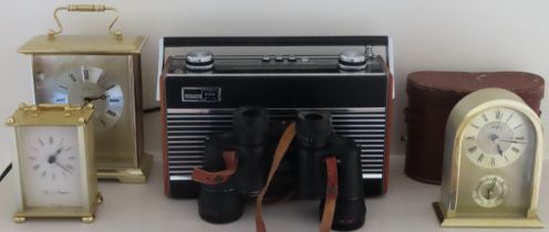 Sundry lot Inc. Roberts Radio, mantle clocks, cased binoculars, etc all used and unchecked
