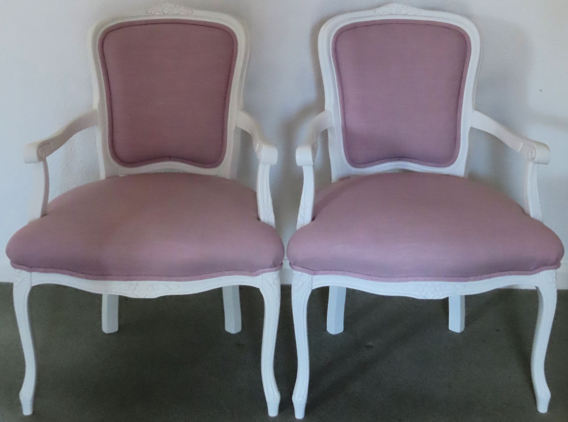 Pair of 20th century French style white painted & upholstered salon style armchairs. Approx. 89cms H