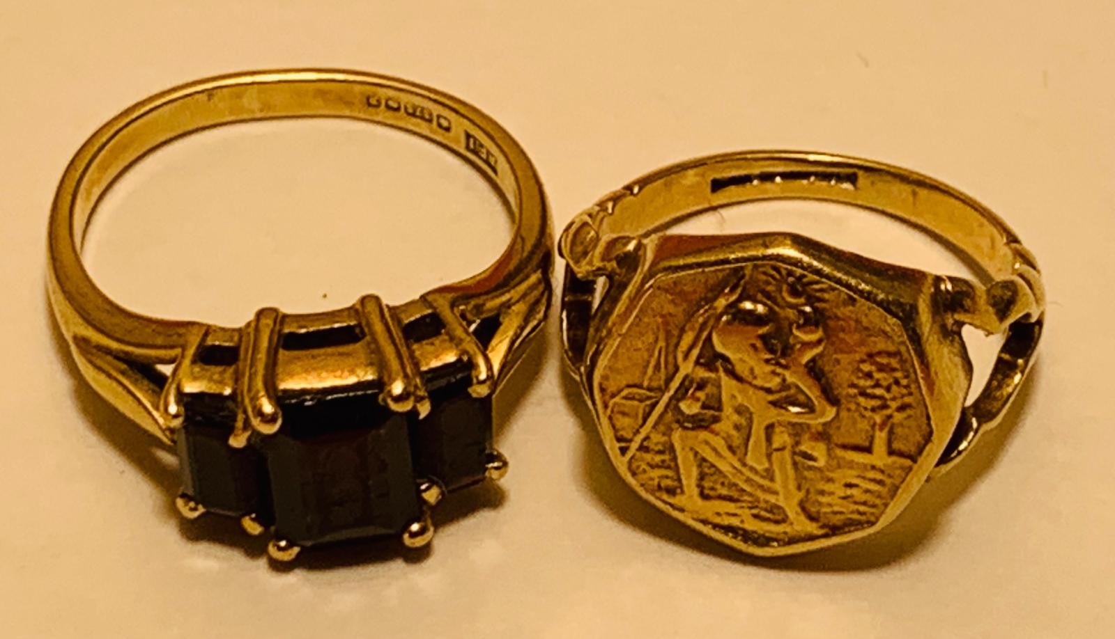 9ct GOLD RING DEPICTING A SAINT, SIZE F, TOTAL WEIGHT APPROX 2.8g, AND ALSO 9ct GOLD RING SET WITH