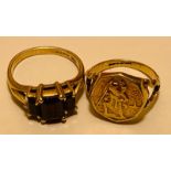 9ct GOLD RING DEPICTING A SAINT, SIZE F, TOTAL WEIGHT APPROX 2.8g, AND ALSO 9ct GOLD RING SET WITH