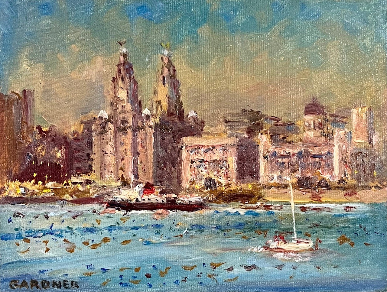 KEITH GARDNER RCA, OIL ON BOARD, 'LIVERPOOL PIER HEAD, FERRY AND YACHT EVENING', APPROX 15 x 20cm