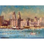 KEITH GARDNER RCA, OIL ON BOARD, 'LIVERPOOL PIER HEAD, FERRY AND YACHT EVENING', APPROX 15 x 20cm