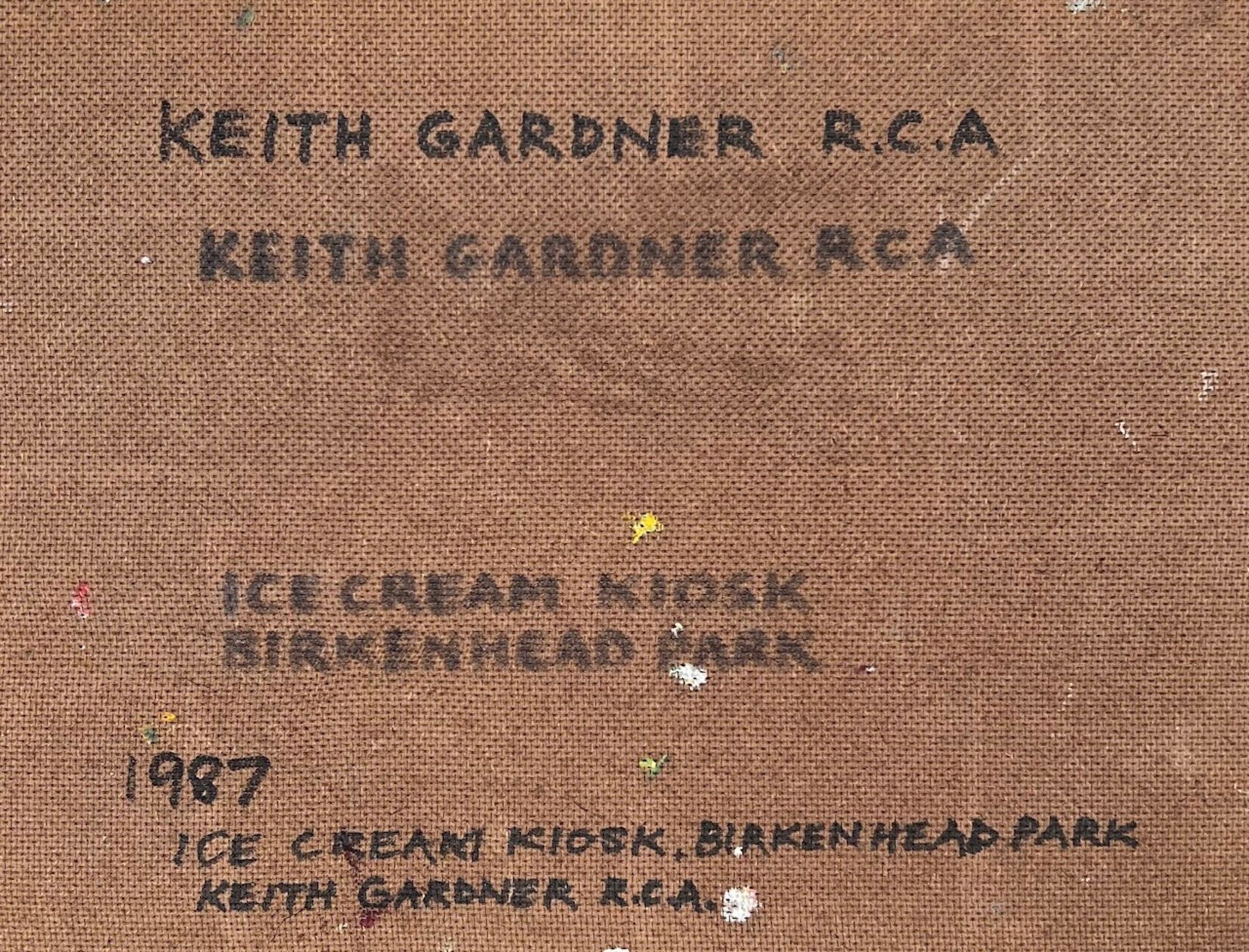 KEITH GARDNER RCA, BORN 1933, OIL ON BOARD, ICE CREAM KIOSK BIRKENHEAD PARK, OIL ON BOARD, APPROX 22 - Image 2 of 2