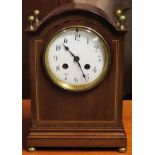 Inlaid mahogany mantle clock with circular enamelled dial. Approx. 36cm H Used condition, not tested