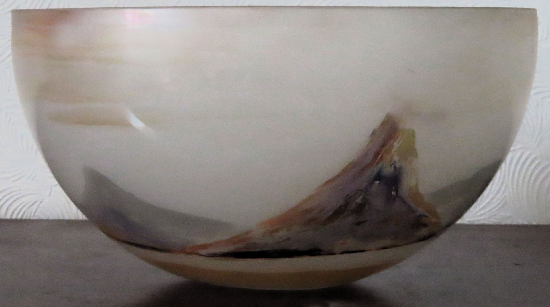 Charles Bray (1922-2012) studio glass bowl depicting mountain scene. Approx. 16cm H x 30cm