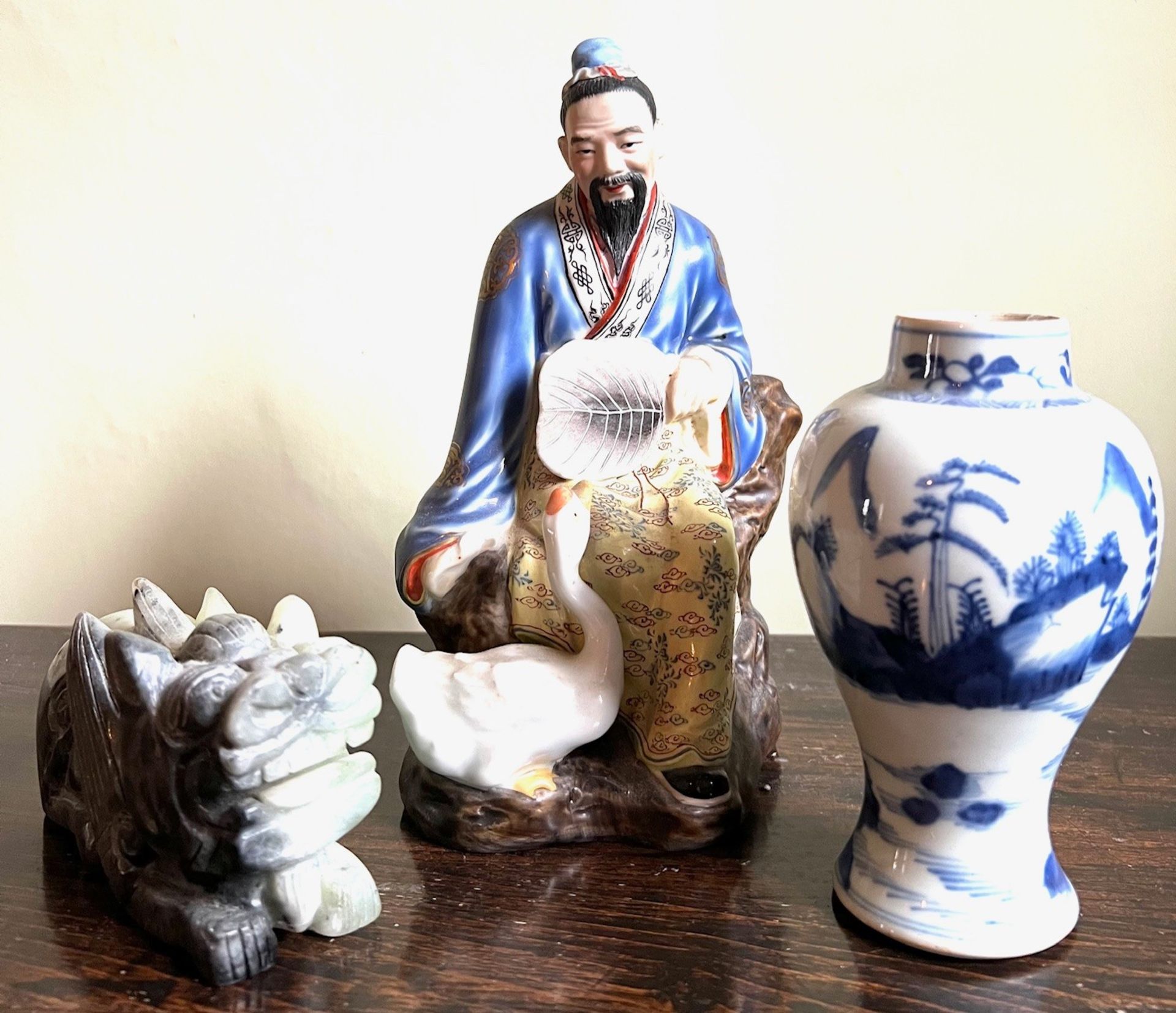 JAPANESE SEATED FIGURE, CARVED JADEITE FIGURE OF A DOG, ALSO SMALL BALUSTER VASE, FIGURES APPROX