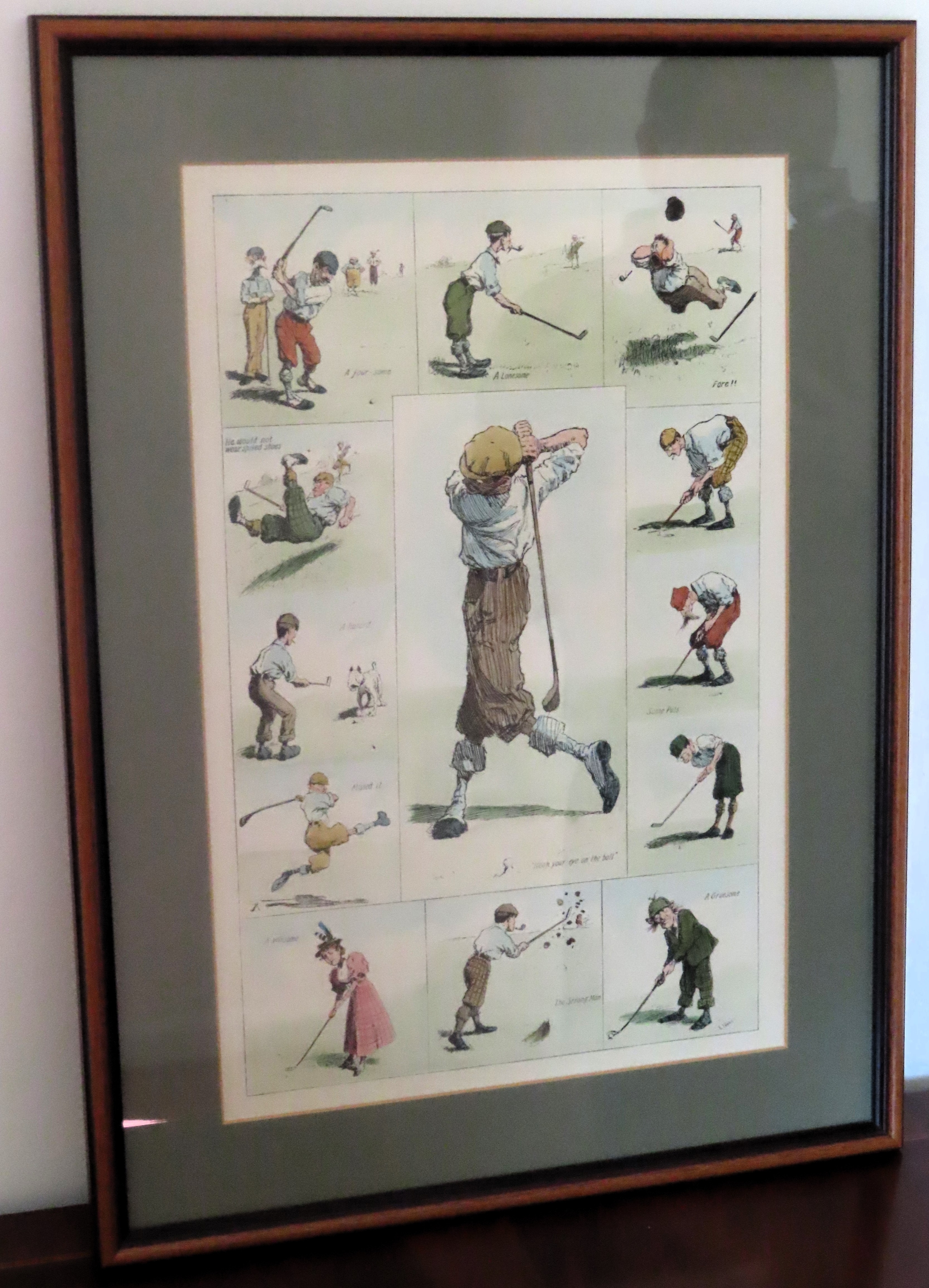 Vintage golfing related humorous polychrome print. Approx. 43 x 27cms reasonable used condition