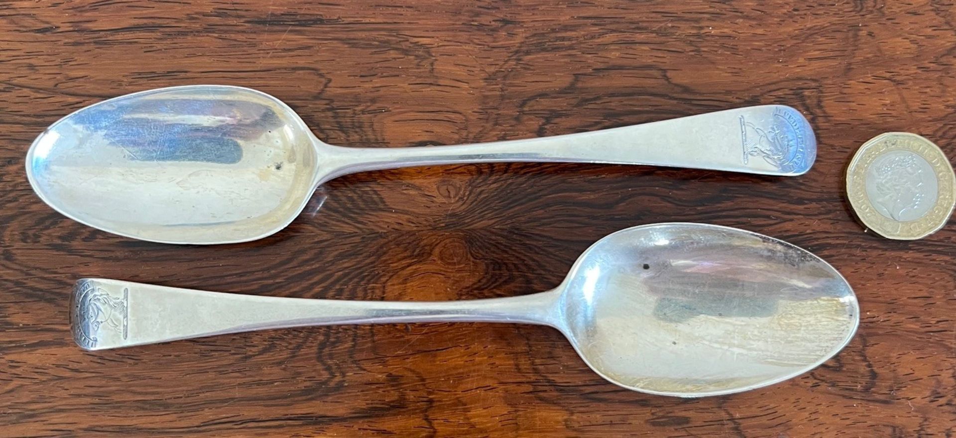 PAIR OF SILVER DESSERT SPOONS, MARKS INDISTINCT