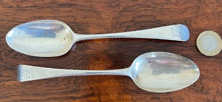 PAIR OF SILVER DESSERT SPOONS, MARKS INDISTINCT