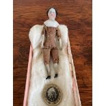 MINIATURE DOLL WITH PORCELAIN HEAD, ARMS AND LEGS, CLOTH BODY