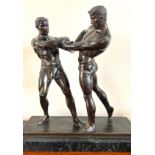BRONZE FIGURES UPON MARBLE PLINTH DEPICTING CLASSICAL WRESTLERS, UNSIGNED, APPROX 23cm OVERALL