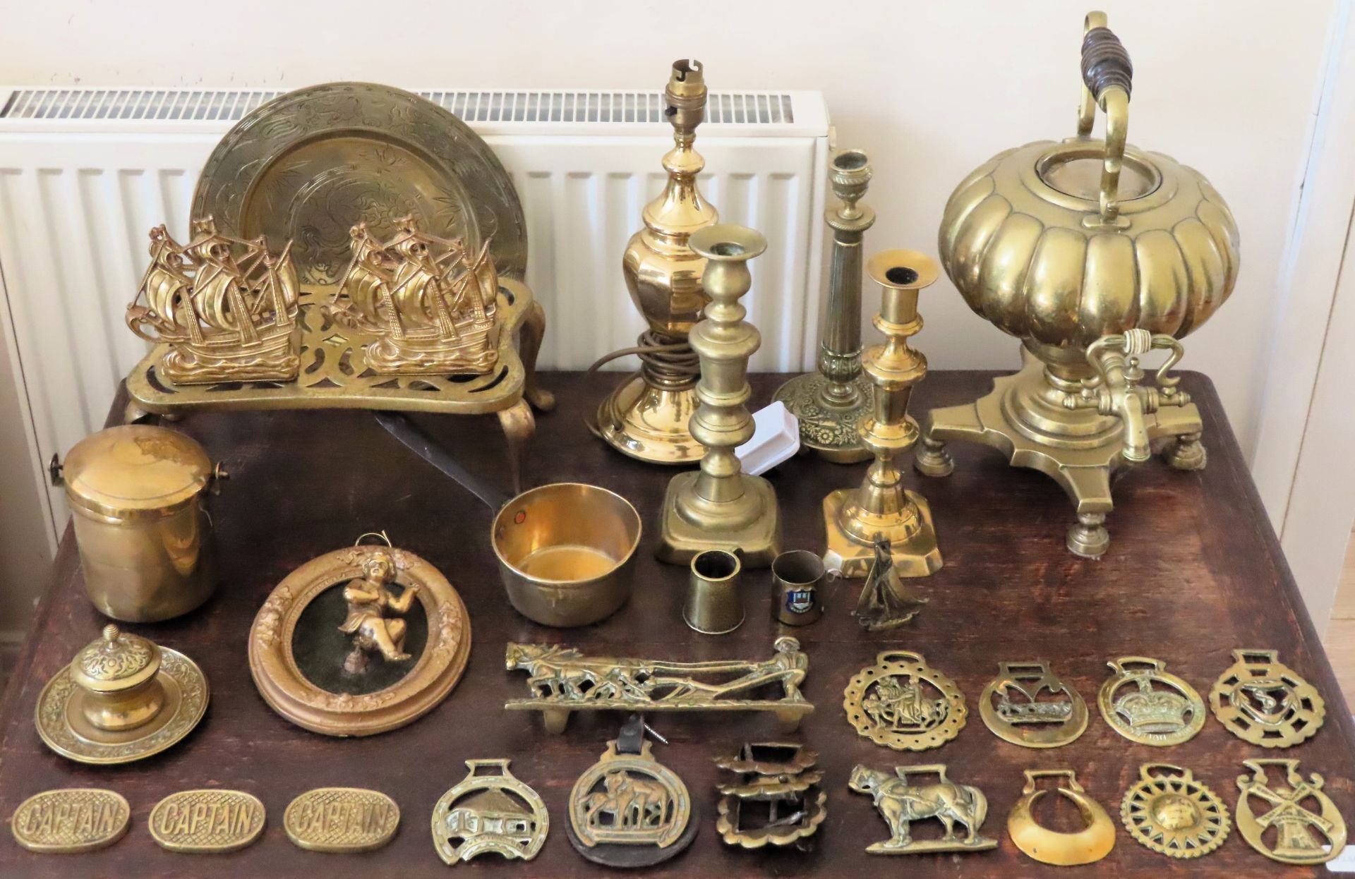 Quantity of brass including trivet, inkwell, tray, pan, candlesticks etc All in used condition,