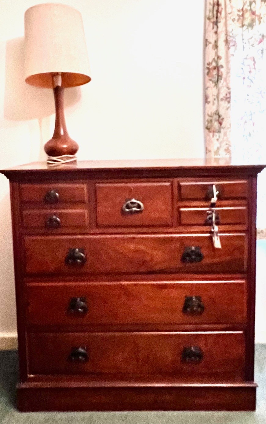 BEDROOM CHEST OF EIGHT DRAWERS, ORIGINAL HANDLES, APPROX 122cm HIGH, 122cm WIDE AND 54cm DEEP FINE