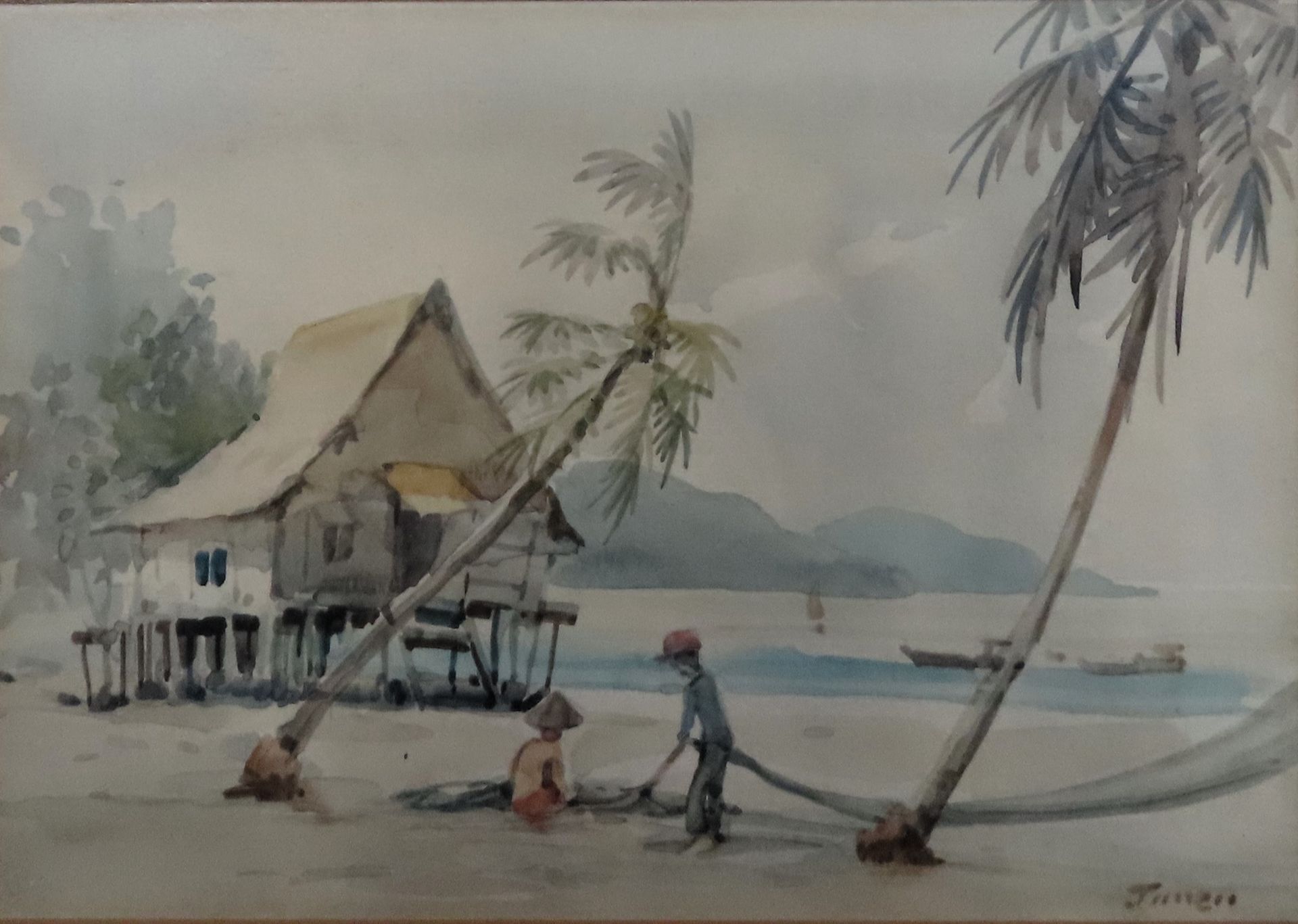 Pair of famed watercolours depicting Oriental beach scenes. Approx. 18 x 25cms reasonable used - Image 2 of 3