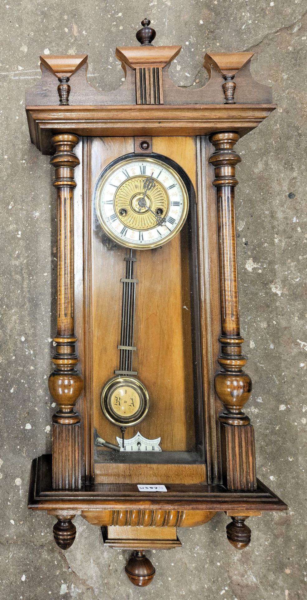 Mahogany cased Vienna style wall clock. Approx. 86cms reasonable used with scuffs scratches etc