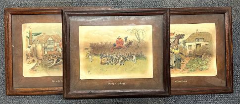 A group of three 1920's oak framed Allan hunting prints, frame size 46 x 58cm.