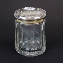 An American sterling silver topped glass jar, Dia. 11cm H. 14cm.