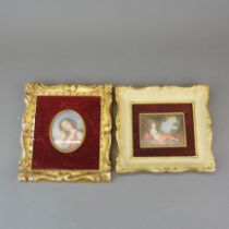 Two mid 20thC framed hand painted miniatures , frame size 18 x 19.5cm .