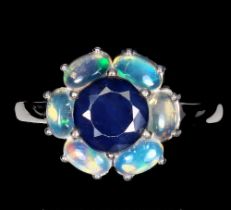 A 925 silver cluster ring set with oval cut opals and sapphires, (O).
