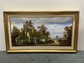 John Hooley: A signed gilt framed oil on canvas 'Cottage Scene' 1991, 48 x 84cm.