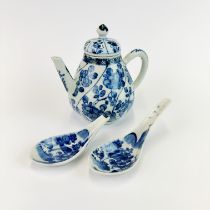 An 18th century Chinese hand panted porcelain teapot, H. 12cm. Together with an early porcelain