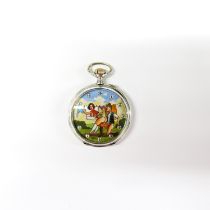 An amusing erotic faced Swiss silver pocket watch, dia. 4.5cm. Appears to be in working order but