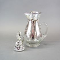 A silver overlaid glass jug, H. 25cm (slightly A/F), together with a silver overlaid vinegar
