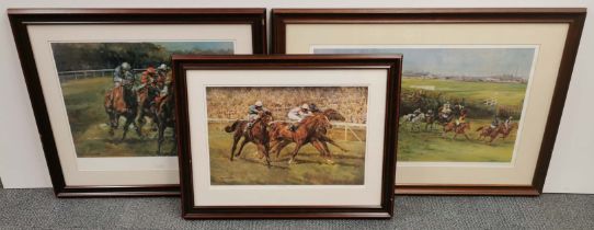 Three framed limited edition horse racing prints, largest frame 84 x 76cm.