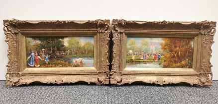 A pair of gilt framed oils on board with indistinct signature, frame 42 x 28cm.