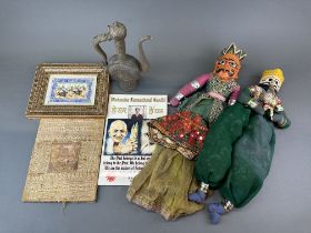 Two Indian wooden headed puppets, an Indian watercolour and other items.