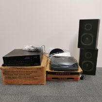 An Aiwa PX-E850 boxed stereo turntable system, a Genexxa STAV-3150 hifi speaker system and a pair of