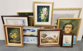 A large group of framed oil paintings and prints, largest frame 87 x 74cm.
