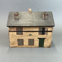 A hand painted wooden house shaped box, size is 25 15 22cm.