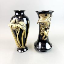 Two Art Nouveau cold painted relief brass vases, H. 31cm.