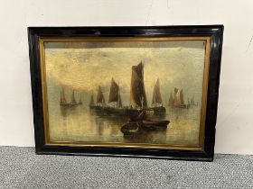 A large 19thC framed oil on canvas of sailing barges signed Jameson, 88 x 63cm.