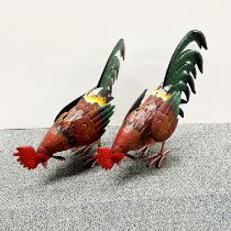 A pair of painted metal figures of chickens, H. 28cm.