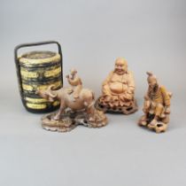 Three mid 20thC Chinese carved wooden figures and stands. Together with a gilt decorated bamboo food