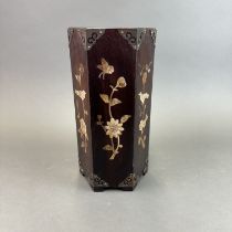 A Chinese mother of pearl inlaid hexagonal hardwood brush pot, H. 30cm.