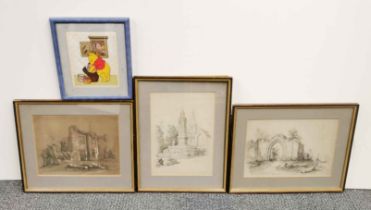 Three framed pencil and chalk landscapes together with a framed embroidery of Winnie the pooh,