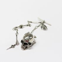 A large sterling silver skull and bones watch chain with articulated jaw, skull size 4 x 3cm.