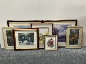 Two framed limited edition pencil signed prints, 59 x 69cm, with a group of further watercolours and