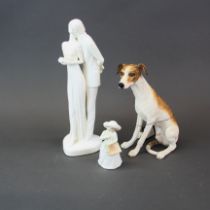 Two Royal Doulton porcelain figures and a resin dog, Tallest H. 31cm. (one with box).